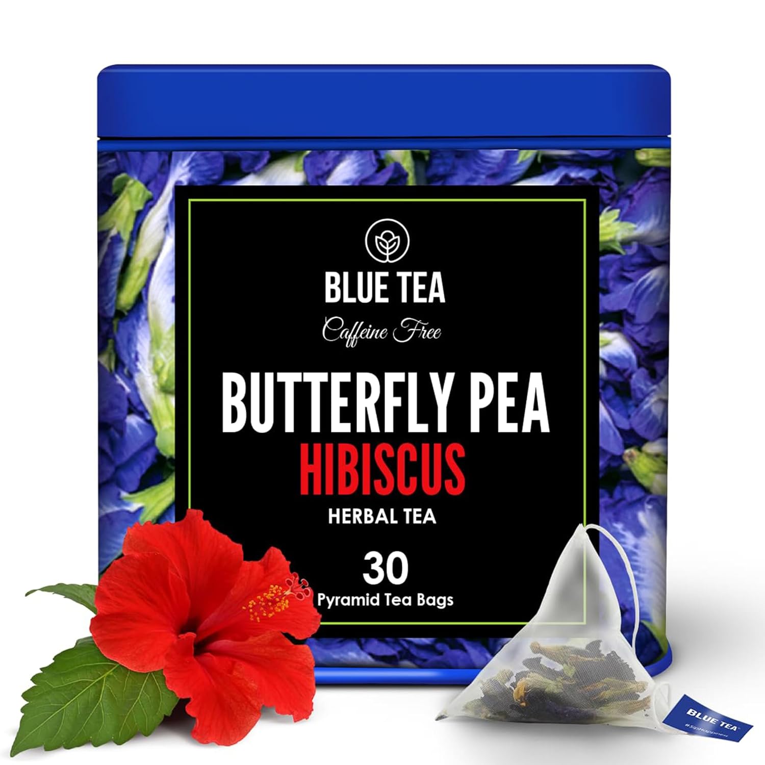 Blue Tea - Butterfly Pea Flower Tea - Hibiscus - 30 Count - Plant Based Tea Bag || Super Anti-Oxidant || Caffeine Free - Non-Bitter - Gluten Free - Flower Based - Vegan | Eco-Conscious Tin Packaging