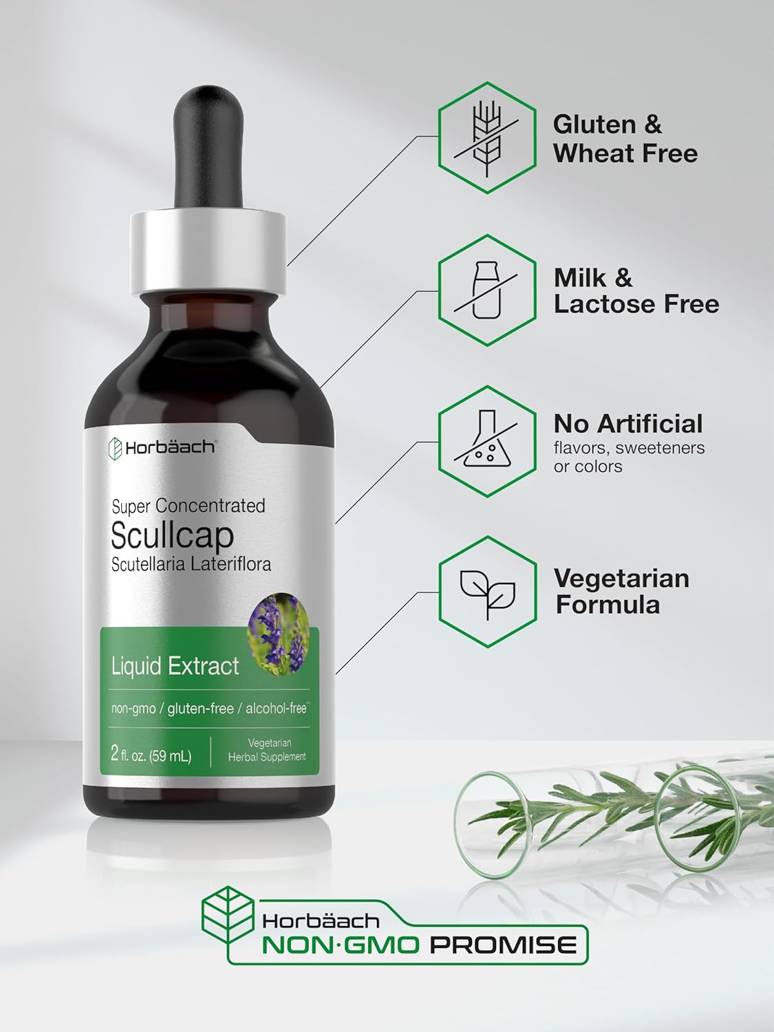 Horbäach Scullcap Herb Liquid Extract | 2 fl oz Tincture | Super Concentrated | Alcohol Free, Vegetarian, Non-GMO, Gluten Free Skullcap Supplement : Health & Household