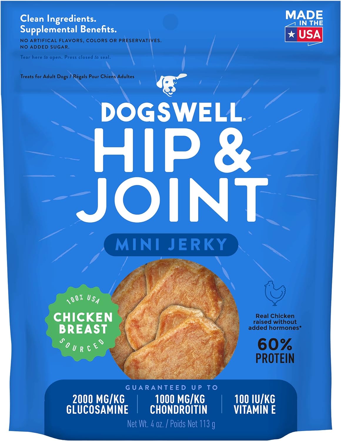 Dogswell Hip & Joint Mini Jerky Dog Treats, Chicken Breast, 4 oz. Pouch