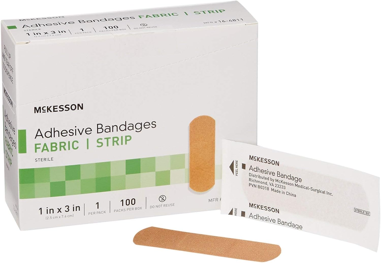 McKesson Adhesive Bandages, Sterile, Fabric Strip, 1 in x 3 in, 100 Count, 4 Packs, 400 Total
