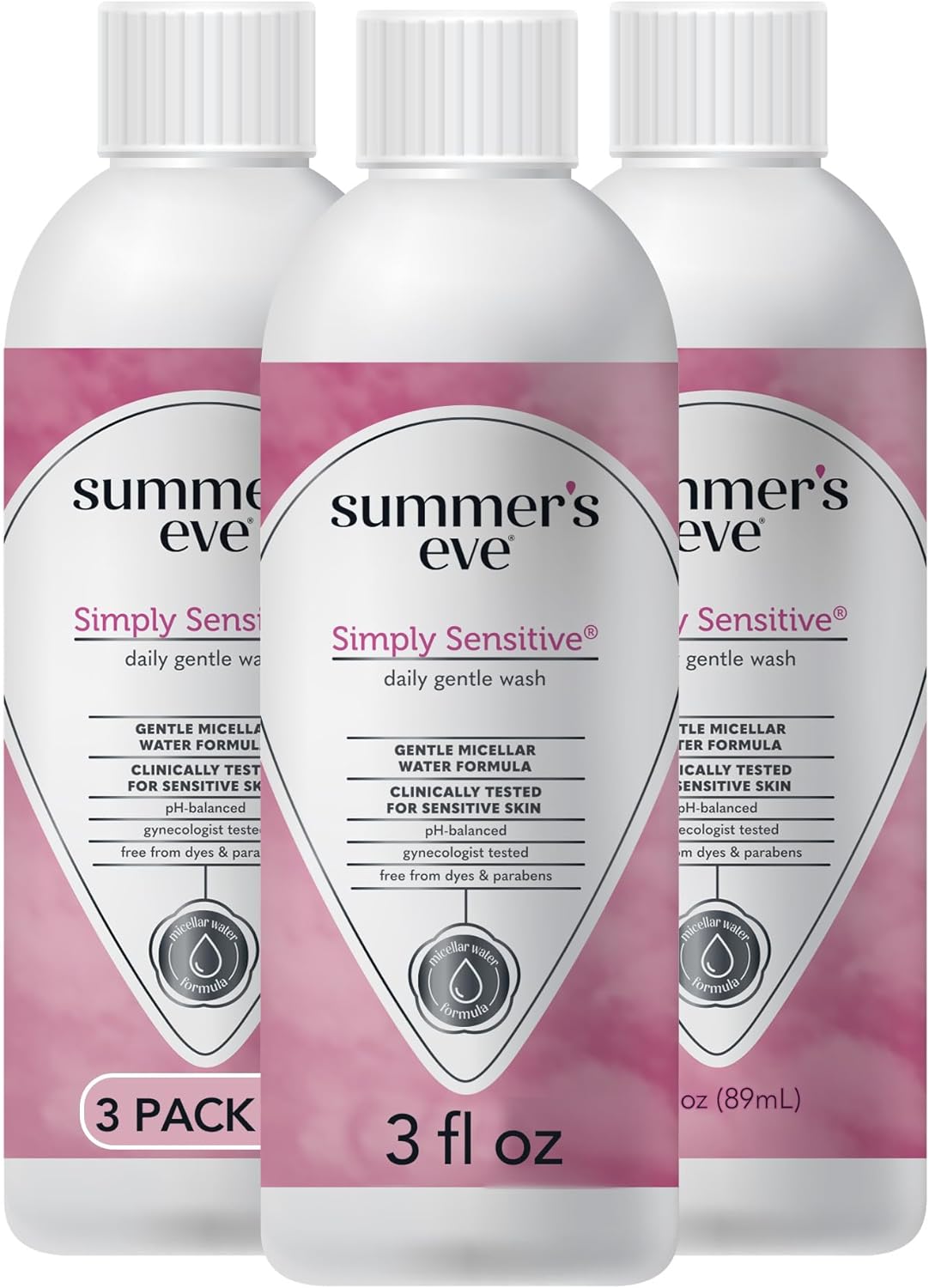 Summer'S Eve Simply Sensitive Daily Gentle All Over Feminine Body Wash, Removes Odor, Feminine Wash Ph Balanced, Travel Size 3 Fl Oz, 3 Pack