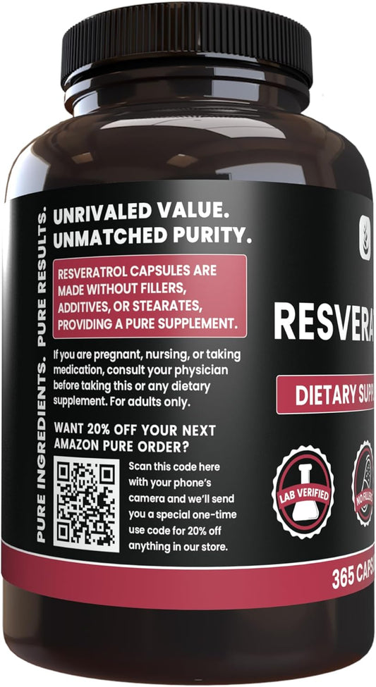 Pure Original Ingredients Resveratrol, (365 Capsules) No Magnesium Or Rice Fillers, Always Pure, Lab Verified