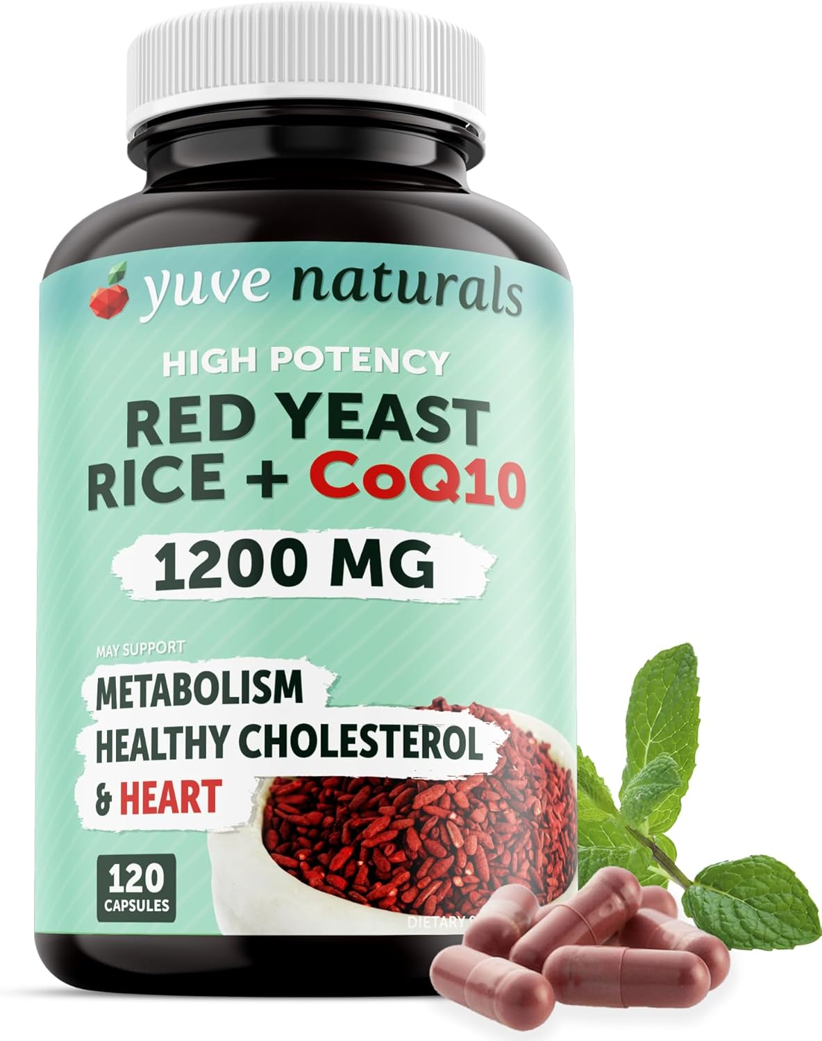 Red Yeast Rice 1200 Mg Capsules With Coq10 100 Mg - 2 In 1 – Maintain Healthy Cholesterol Levels, Herbal Heart Health Vegan Red Yeast Rice Supplement - Red Rice Yeast For Women & Men - 120 Ct