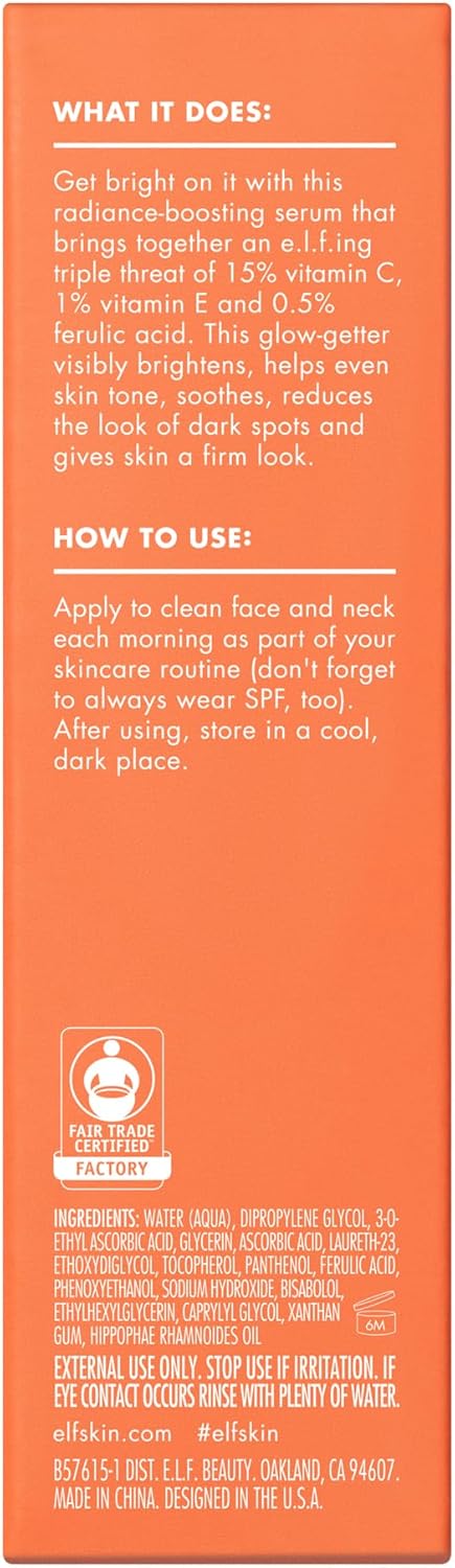 E.L.F. Skin Bright Icon Vitamin C + E + Ferulic Serum, Brightening & Soothing Face Serum, Helps Even Skin Tone, Vegan & Cruelty-Free, 30Ml