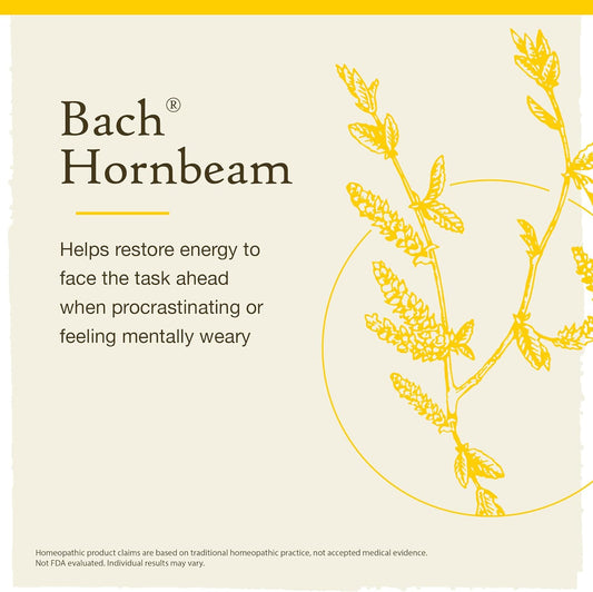 Bach Original Flower Remedies, Hornbeam for Procrastination (Non-Alcohol Formula), Natural Homeopathic Flower Essence, Holistic Wellness and Stress Relief, Vegan, 10mL Dropper