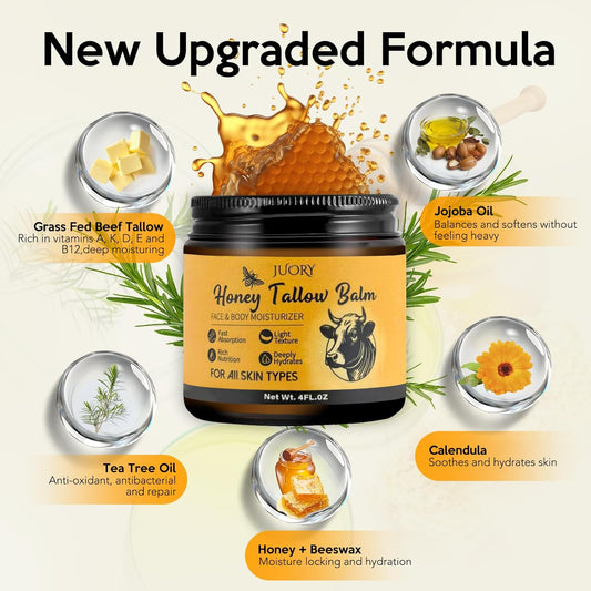 Beef Tallow For Skin, Non-Greasy Tallow Balm For All Skin Types, Tallow And Honey Balm With Natural Formula, 4 Oz Hydrating Face Moisturizer With Calendula, Tea Tree Oil And Vitamine