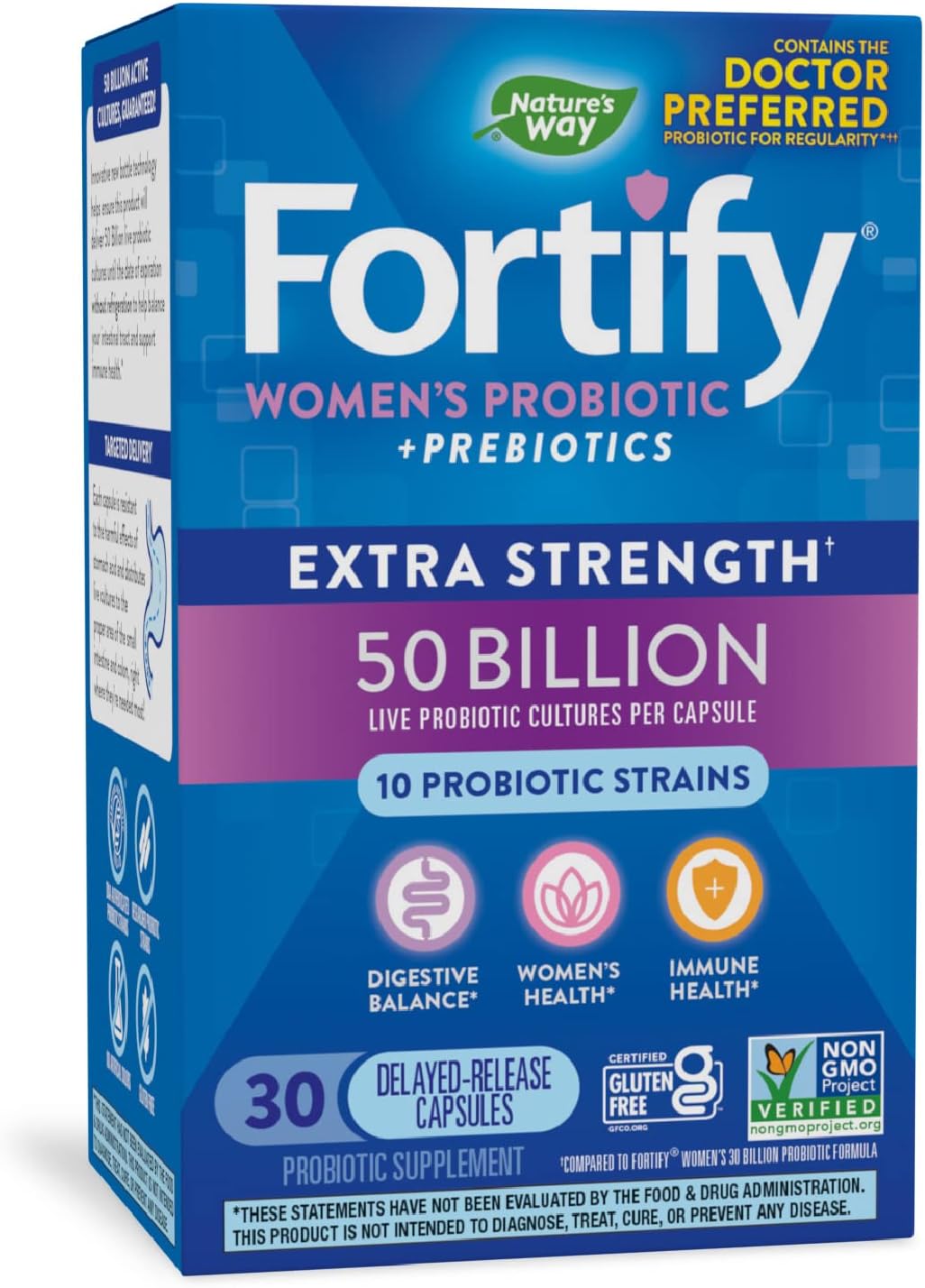 Natures Way Fortify Womens 50 Billion Daily Probiotic Supplement, 10 Probiotic Strains, Digestive Health*, Immune Support*, Womens Health*, Non-Gmo, No Refrigeration Required, 30 Capsules