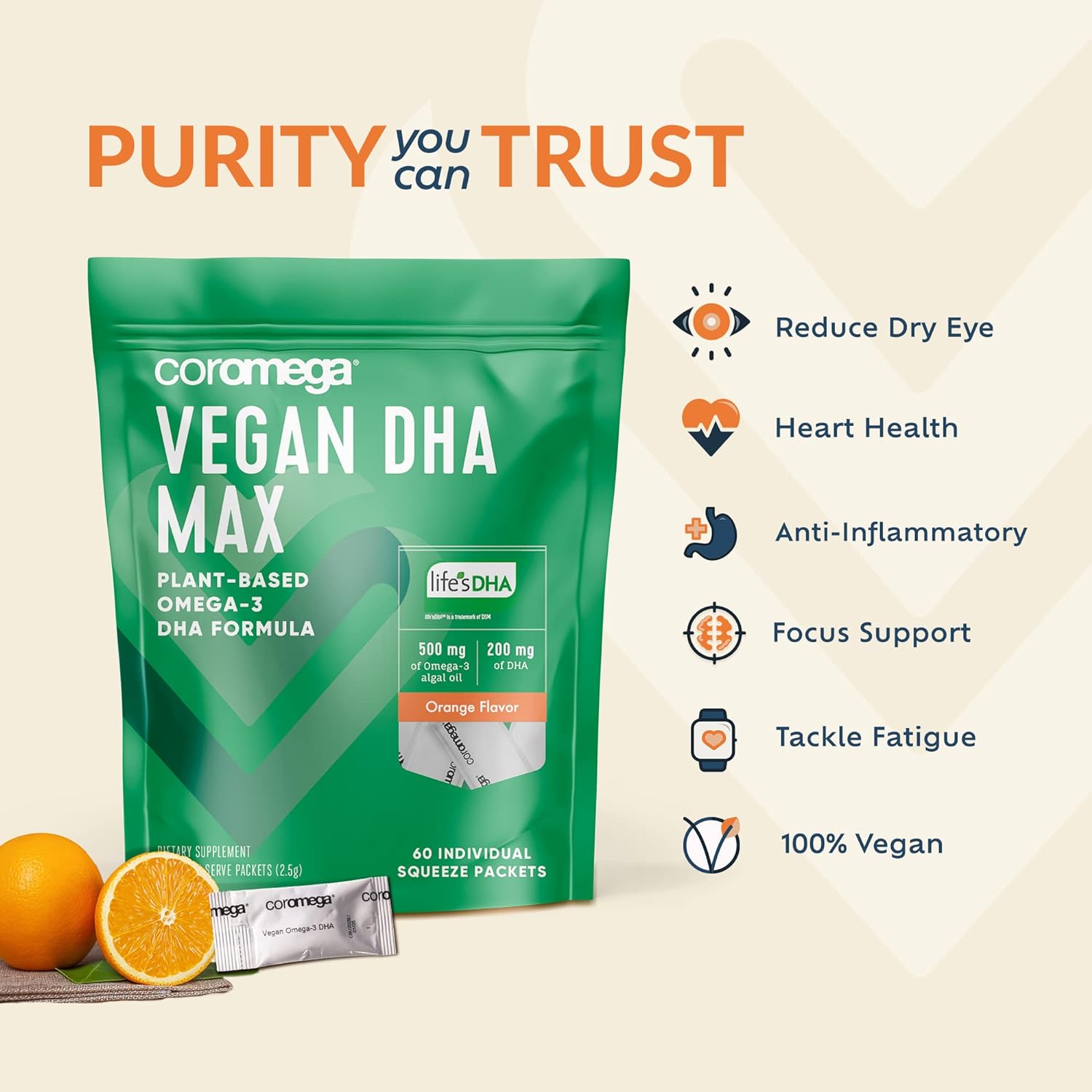 Coromega Vegan DHA, Plant-Based Omega-3 Algal Oil, Heart, Eye, Immune 