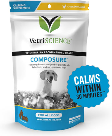 VetriScience Composure Calming Chews for Dogs - Clinically Proven Dog Anxiety Relief Supplement with Colostrum, L-Theanine & Vitamin B1 for Stress, Storms, Separation & More, 120 Count, Chicken Flavor
