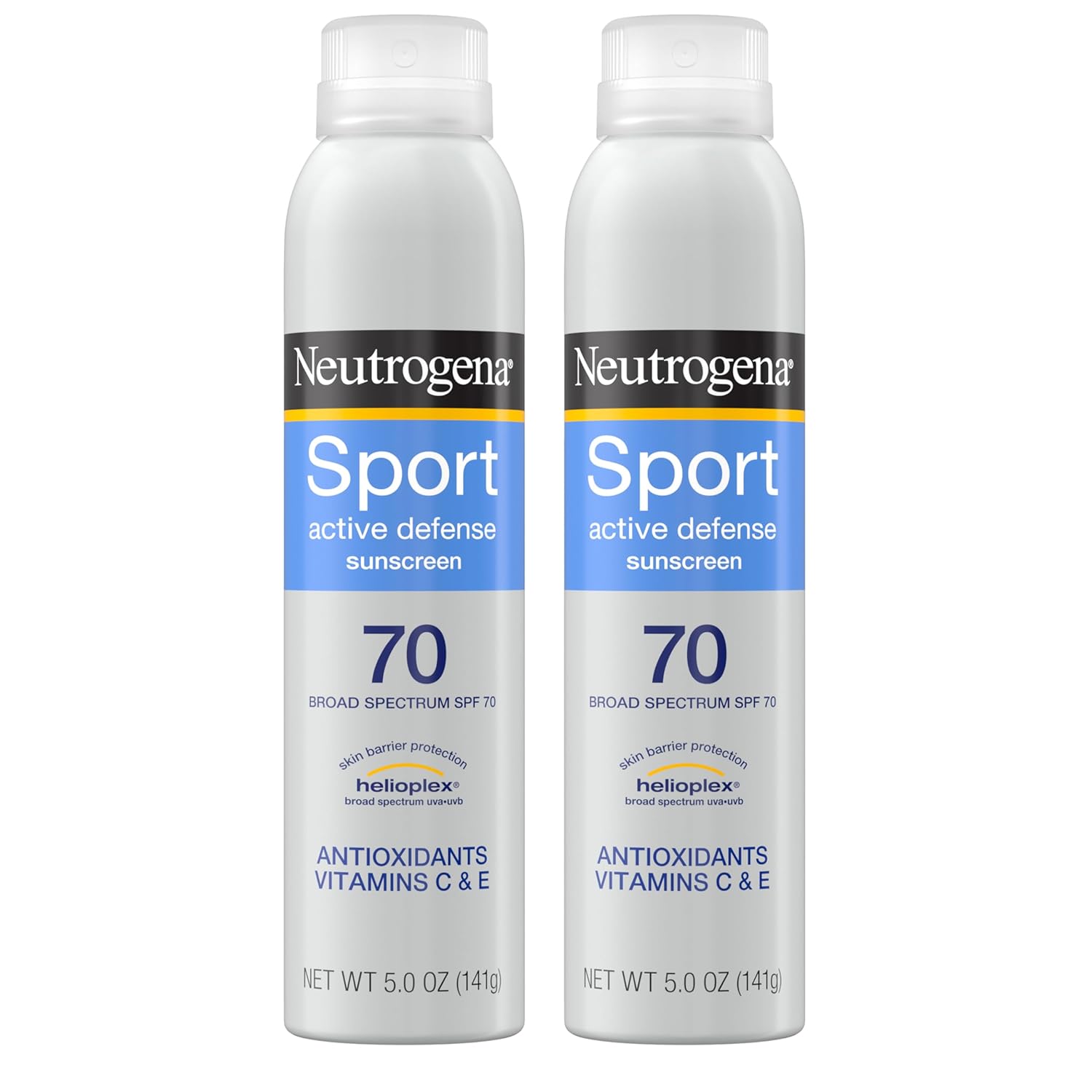 Neutrogena Sport Active Defense SPF 70 Sunscreen Spray, Sweat & Water Resistant Spray Sunscreen with Broad Spectrum Protection for Sunburn Prevention, Oxybenzone-Free, Twin Pack, 2 x 5 oz