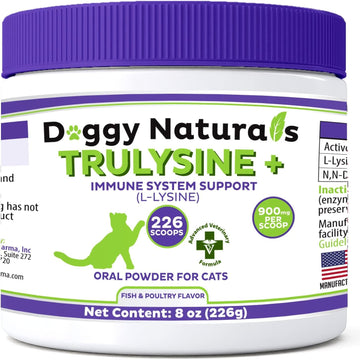 Trulysine Plus L-Lysine For Cats Immune Support Oral Powder 8Oz/226G - Cats & Kittens Of All Age, Sneezing, Runny Nose Squinting, Watery Eyes-Fish & Poultry Flavor (U.S.A)(225 Grams (900Mg / Scoop))