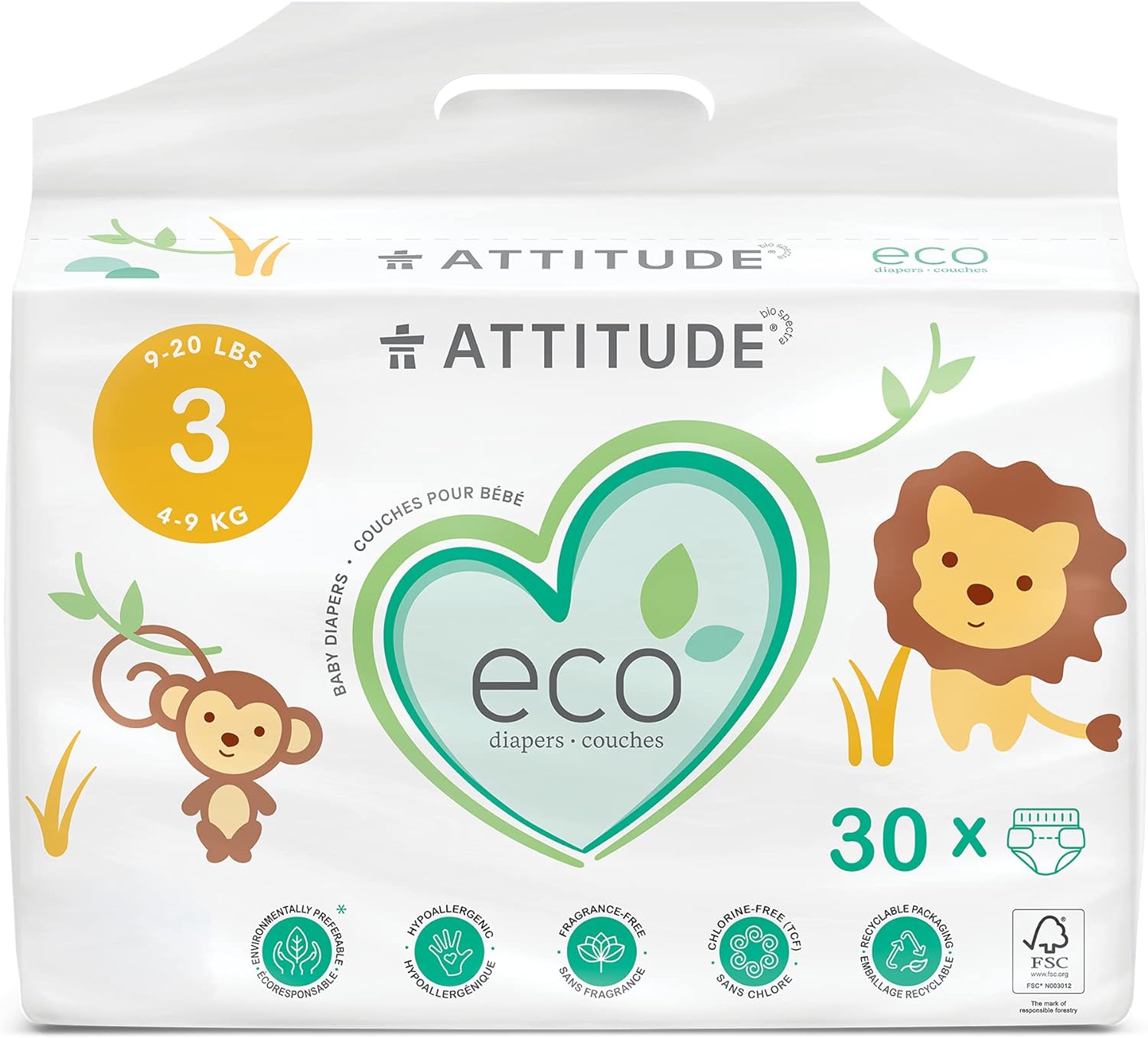 ATTITUDE Natural Diapers, Non-Toxic, Eco-Friendly, Safe for Sensitive Skin, Chlorine-Free, Leak-Free & Biodegradable Baby Diapers, Plain White (Unprinted), Size 3 (9-20 lbs), 30 Count (16230)