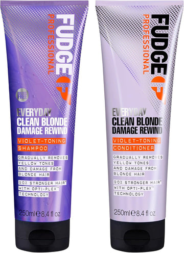 Fudge Professional Everyday Clean Blonde Damage Rewind Haircare Duo, Daily Purple Toning Routine, Shampoo And Conditioner Set For Blonde Hair, 2 X 250 Ml
