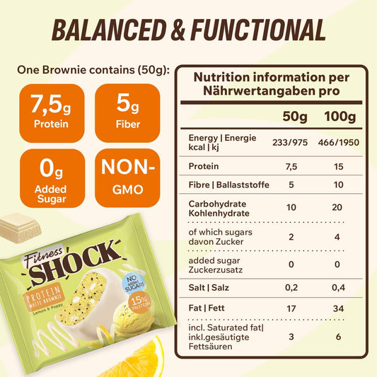 Fitnesshock Protein Brownie White Chocolate, No Added Sugar, 15%/7,5G Protein, 233Kcal, Pre/Post Workout Snack - No Palm Oil, Filling Dietary Fibre, Soft Texture, 10X50G - Pistashio Flavour
