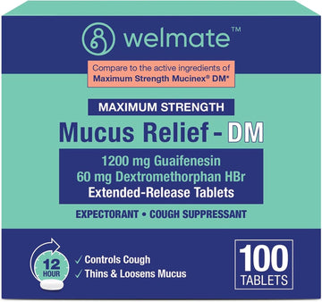 Welmate Maximum Strength Mucus Relief Dm - 1200Mg Guaifenesin & 60Mg Dxm, 12-Hr Cough Suppressant & Expectorant, Bi-Layer Tablets, Chest Congestion Relief, Thins & Loosens Mucus - 100 Ct