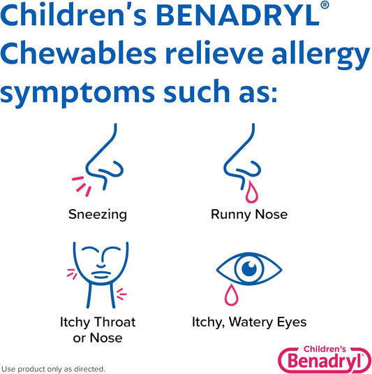 Benadryl Children'S Allergy Chewables With Diphenhydramine Hcl, Antihistamine Chewable Tablets In Grape Flavor, Three Pack, 3 X 20 Ct Each, 60 Ct