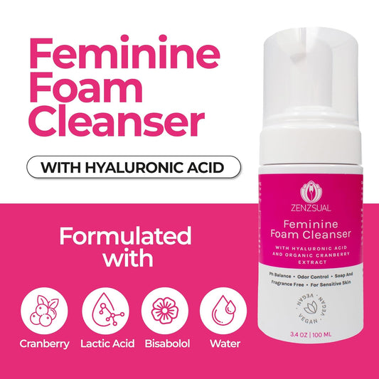 Zenzsual Feminine Foam Cleanser With Hyaluronic Acid & Organic Cranberry Extract – Ph Balanced Feminine Wash For Sensitive Skin, Fragrance-Free Vaginal Cleanser, Hypoallergenic Intimate Care, 1 Oz