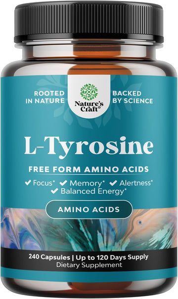 Natures Craft Free Form L Tyrosine 500Mg Capsules - High Strength L-Tyrosine Supplement For Energy And Focus Support - Amino Acid Nootropic Supplement For Focus Attention And Cognition (240 Count)
