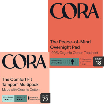 Cora Organic Cotton Unscented Tampons (72 Count) + Overnight Period Pads (18 Count)