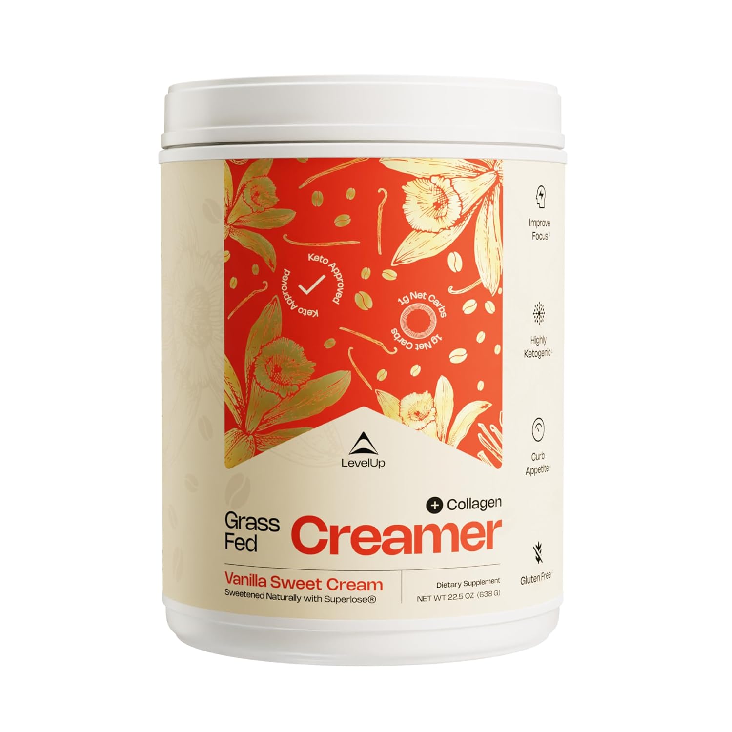 Levelup Creamer, With Energizing Mct Oil And Collagen Peptides, Keto Coffee Creamer, Supports Natural Energy & Ketone Production - Vanilla Sweet Cream, 22.5 Oz