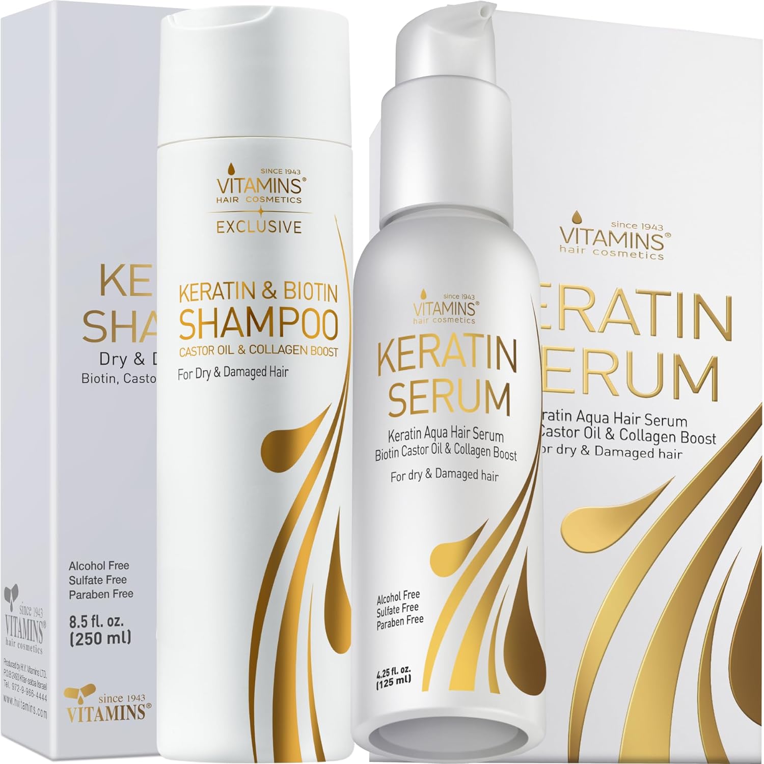 Vitamins Keratin Shampoo and Serum Kit - Protein Clarifying Shampoo and Weightless Anti Frizz Serum Set for Color Treated Frizzy Dry Damaged Hair and Scalp - Shine and Gloss Boost