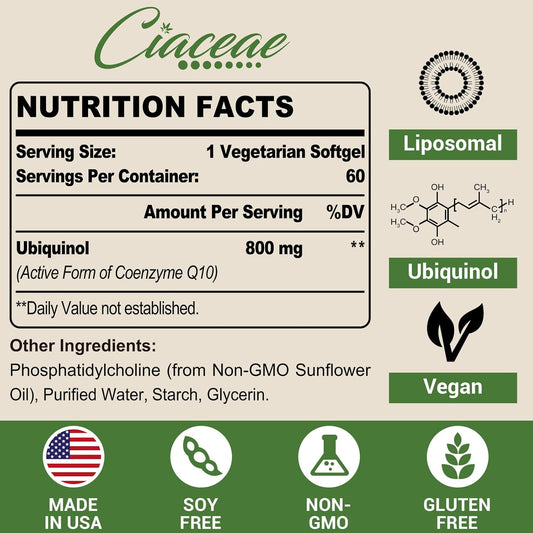 Liposomal Coq10 800Mg Ubiquinol Softgel, Max Absorption Ubiquinol Coenzyme Q10, Ubiquinol Coq10 Supplement For Antioxidant, Heart Function & Energy Production, Pure Coq10 800Mg, 60 Vegan Softgels