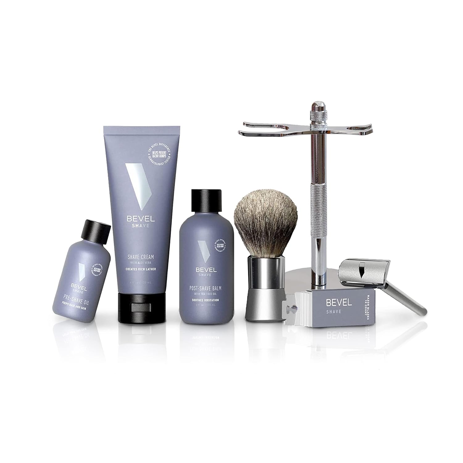 Shaving Kit for Men with Shaving Brush & Safety Razor Stand by Bevel - Starter Shave Kit, Includes Safety Razor, Shaving Brush, Shave Stand, Shave Cream, Pre Shave Oil, Balm and 20 Blades
