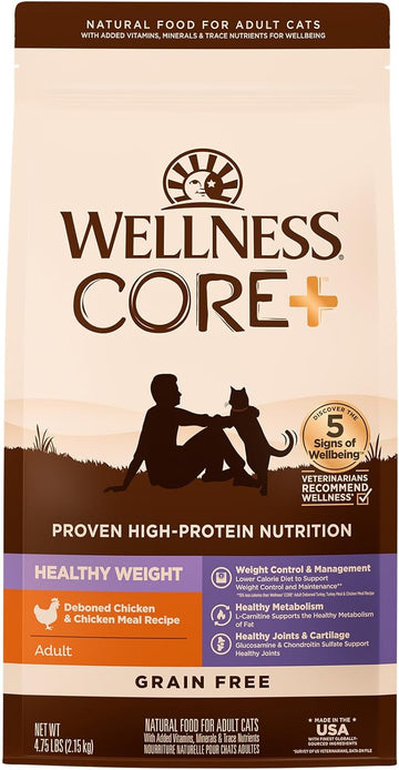 Wellness Core+ Healthy Weight Grain Free High Protein Adult Dry Cat Food, Chicken And Chicken Meal Recipe, 4.75 Pound Bag