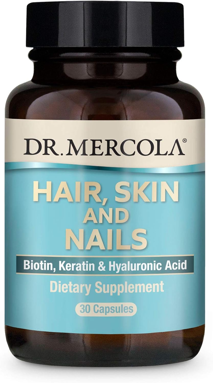 Dr. Mercola Hair, Skin & Nails, 30 Capsules (30 Servings), with Biotin, Solubilized Keratin, and Low Density Hyaluronic Acid, Non GMO, Gluten Free, Soy Free