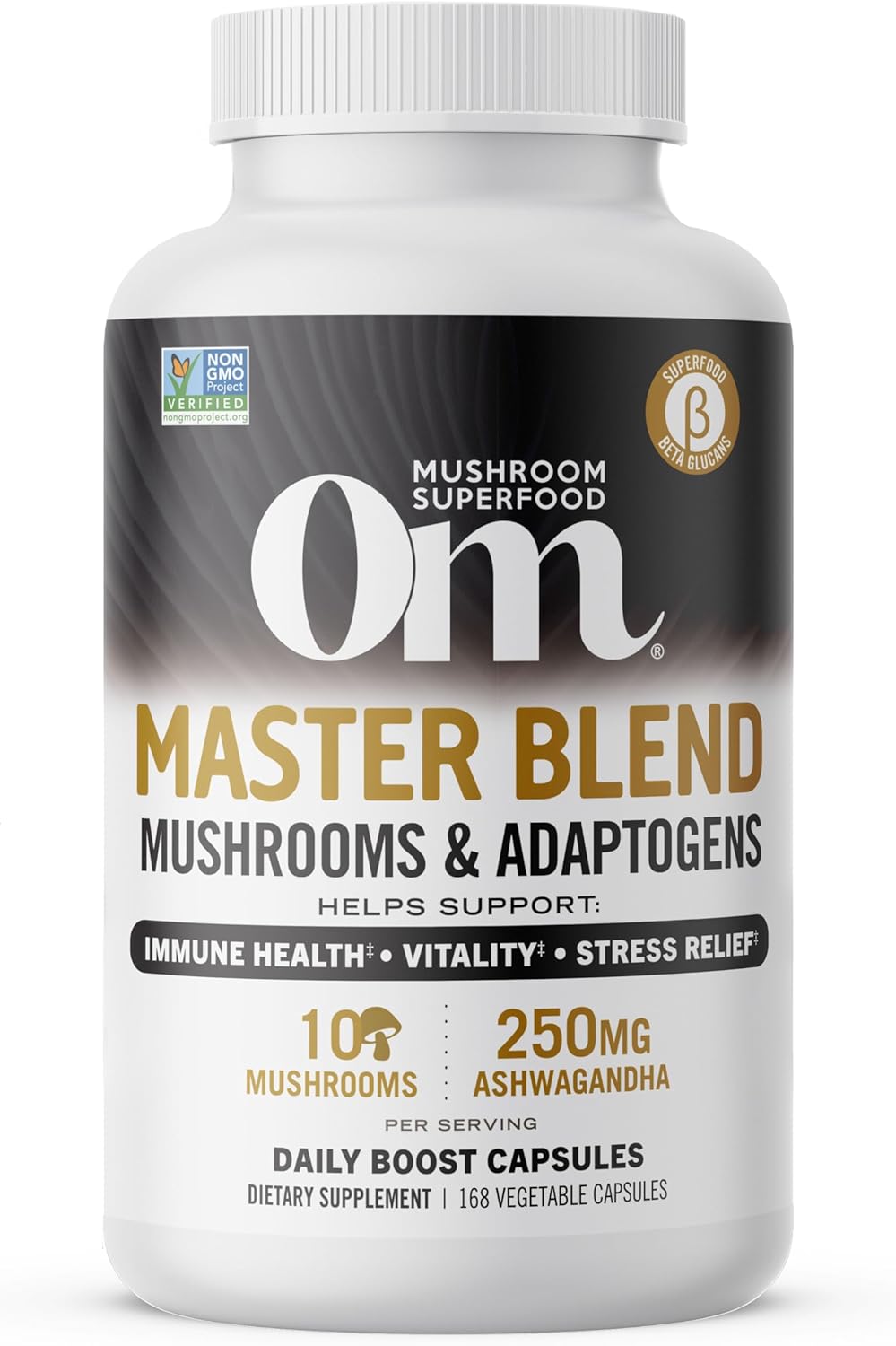 Om Mushroom Superfood Master Blend Mushrooms & Adaptogens, Capsules Supplement, 160 Count, 40 Servings, 10 Mushroom Complex, Adaptogens For Immune Health, Vitality, Stress Relief (Packaging May Vary)