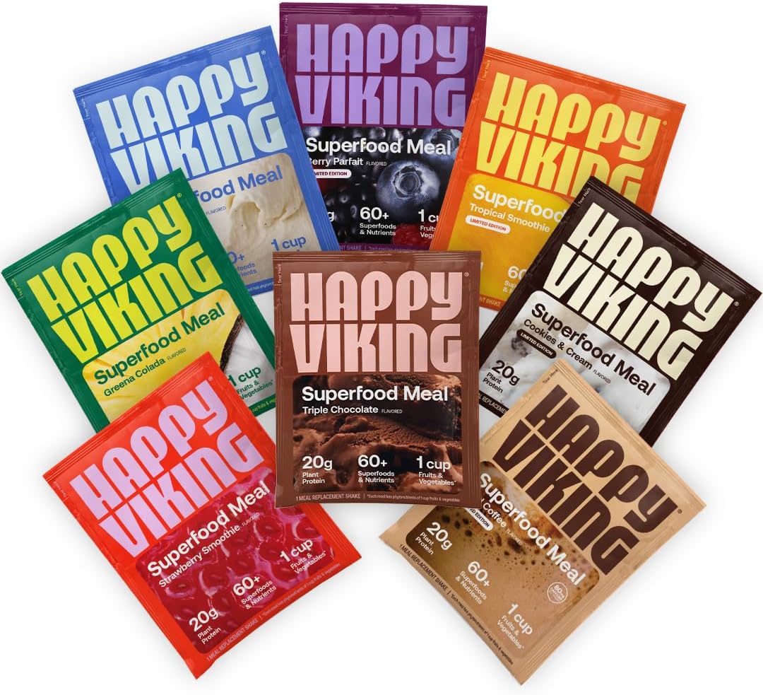 Happy Viking Variety Pack Plant Protein Powder, Created By Venus Williams, 20G Protein, Low Carb, Keto, Vegan, Gluten-Free, Non-Gmo, Superfoods, Complete Meal Replacement, 8 Single Serve Packs