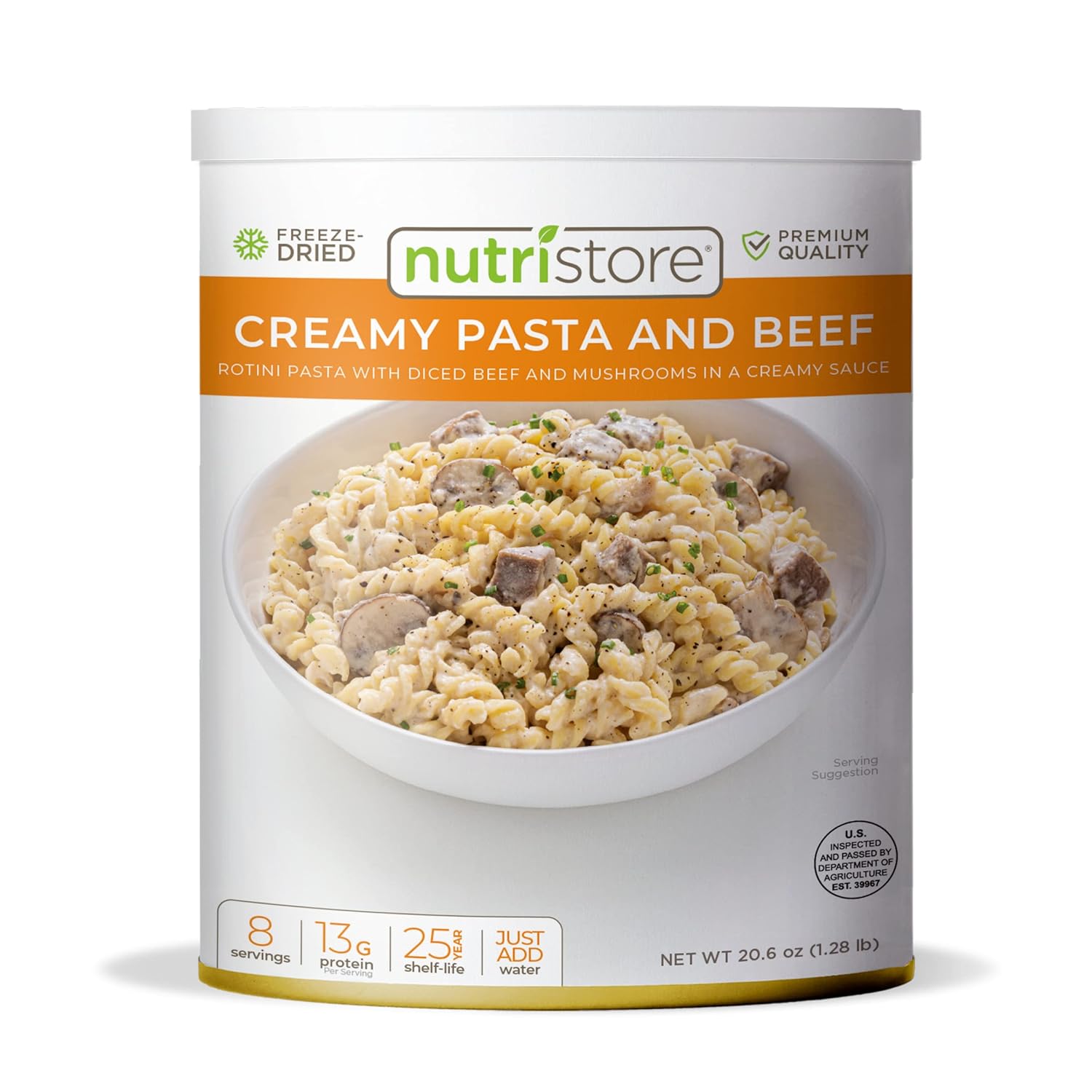 Nutristore Freeze-Dried Creamy Pasta and Beef | Emergency Survival Bulk Food Storage Meal | Perfect for Everyday Quick Meals and Long-Term Storage | 25 Year Shelf Life | USDA Inspected (1-Pack)