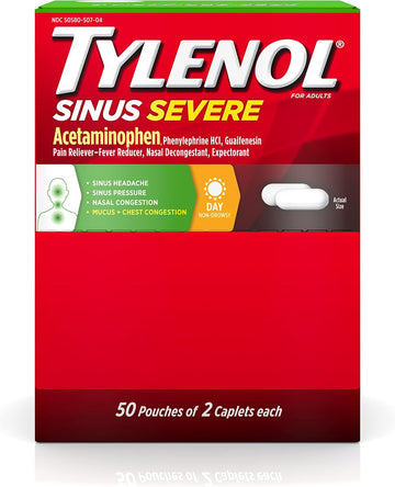 Tylenol Sinus Severe Daytime Caplets For Pain & Congestion Relief, 50 Travel Packs Of 2 Ct