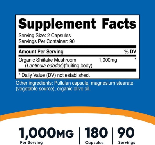 Nutricost Organic Shiitake Mushroom Capsules 1000Mg, 90 Servings - Ccof Certified Made With Organic, Vegetarian, Gluten Free, 500Mg Per Capsule, 180 Capsules