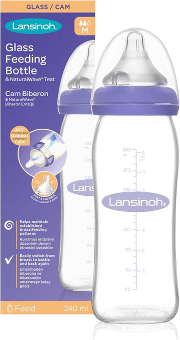 Lansinoh Glass Baby Bottle with NaturalWave Teat (240 ml), Anti-colic, Premium heat & thermal shock-resistant glass, Medium Flow soft & flexible silicone teat, teats are BPA & BPS free, purple