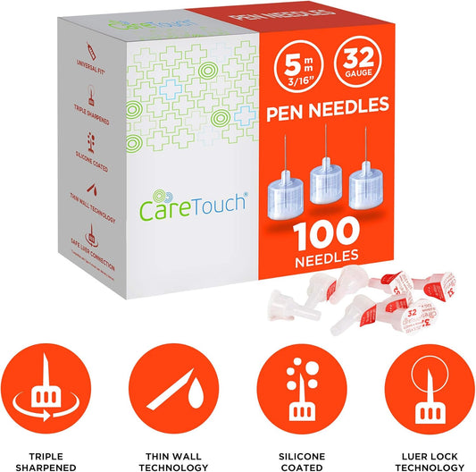 Care Touch Pen Needle 32 Gauge, 0.2"-5Mm - Set Of 100 Diabetic Fine Needles - Triple Sharpened, Silicone Coated Bevel, Thin Wall Technology, & Secure Attachment - Compatible With Most Insulin Pens