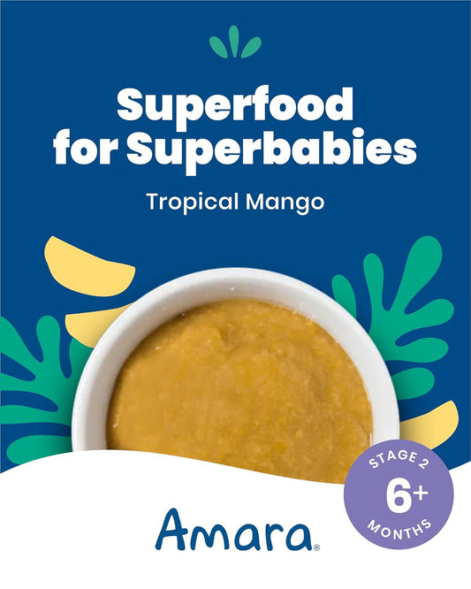 Amara Organic Baby Food - Stage 2 - Tropical Mango - Baby Cereal To Mix With Breastmilk, Water Or Baby Formula - Shelf Stable Baby Food Pouches Made From Organic Fruit - 7 Pouches, 3.5Oz Per Serving