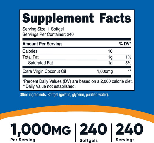 Nutricost Coconut Oil Softgels (1000mg) 240 Softgels - Extra Virgin Coconut Oil - Gluten Free and Non-GMO