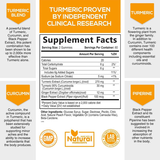 Turmeric Curcumin with Black Pepper Extract & Ginger Gummies, High Absorption Potent 95% Curcuminoids Turmeric Supplement, Nature's Tumeric Curcuma Gummy Pills, Joint Support Capsules - 120 Gummies