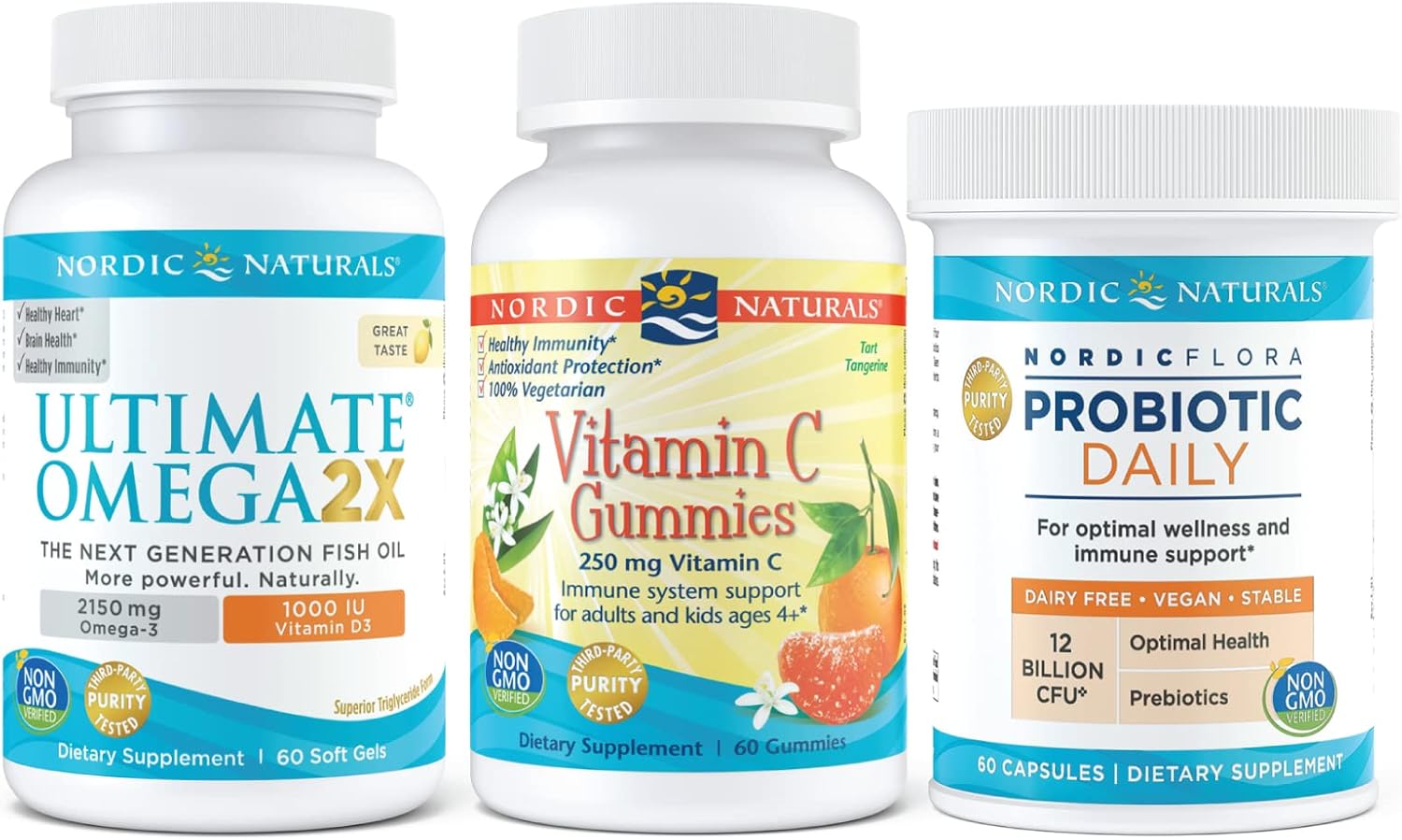 Nordic Naturals Starter Pack - Vitamin C Gummies, Ultimate Omega 2X with Vitamin D3, Nordic Flora Probiotic Daily