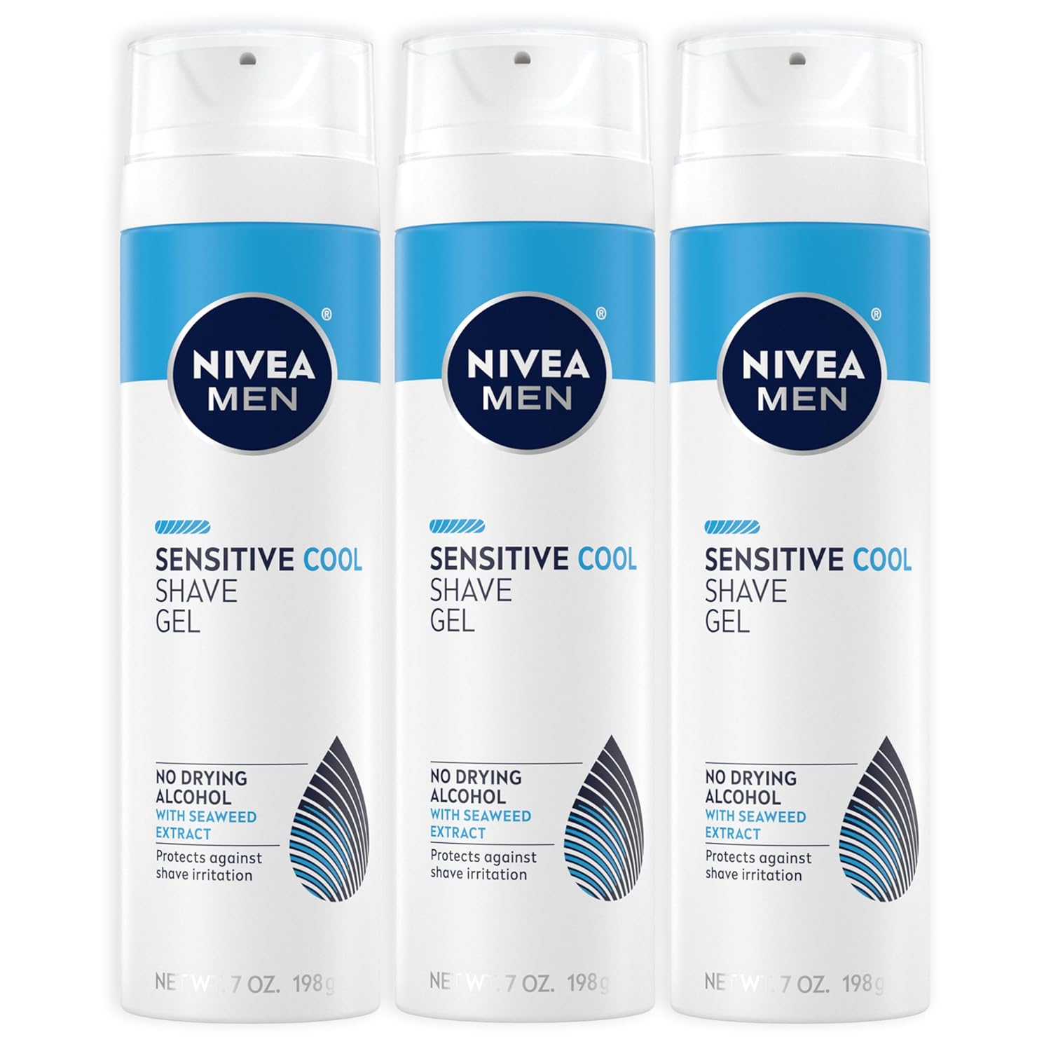 Nivea Men Sensitive Cool Shave Gel With Seaweed And Chamomile Extracts, Alcohol Free Shaving Gel For Men Protects And Provides Cool Sensation, 3 Pack Of 7 Oz Cans