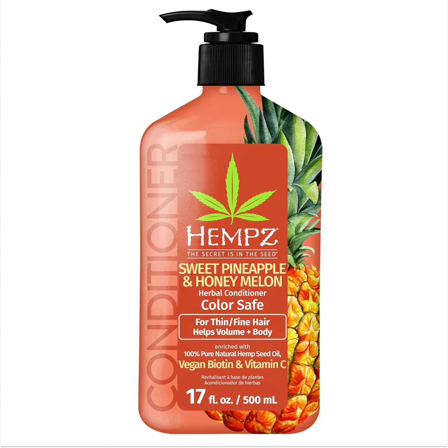 Hempz Biotin Conditioner - Sweet Pineapple & Honey Melon - For Thin/Fine Hair Growth & Strengthening Of Dry, Damaged And Color Treated Hair, Hydrating, Softening, Moisturizing - 17 Fl Oz