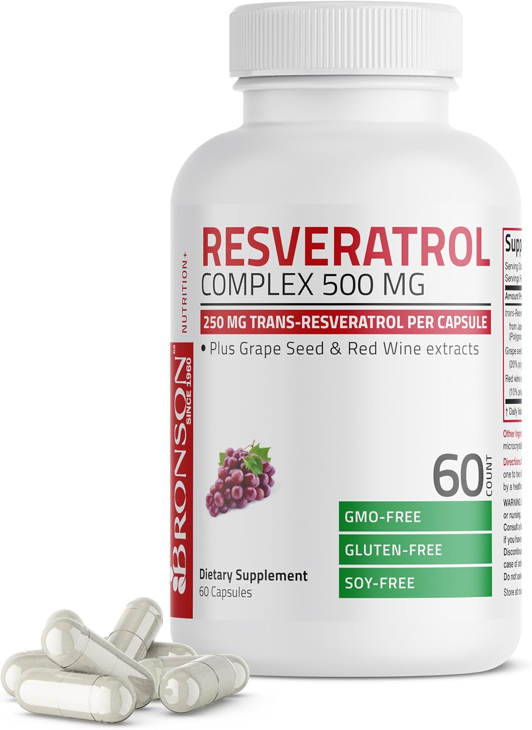 Bronson Resveratrol 500 Complex Standardized Trans-Resveratrol + Grape Seed & Red Wine Extract, 60 Capsules