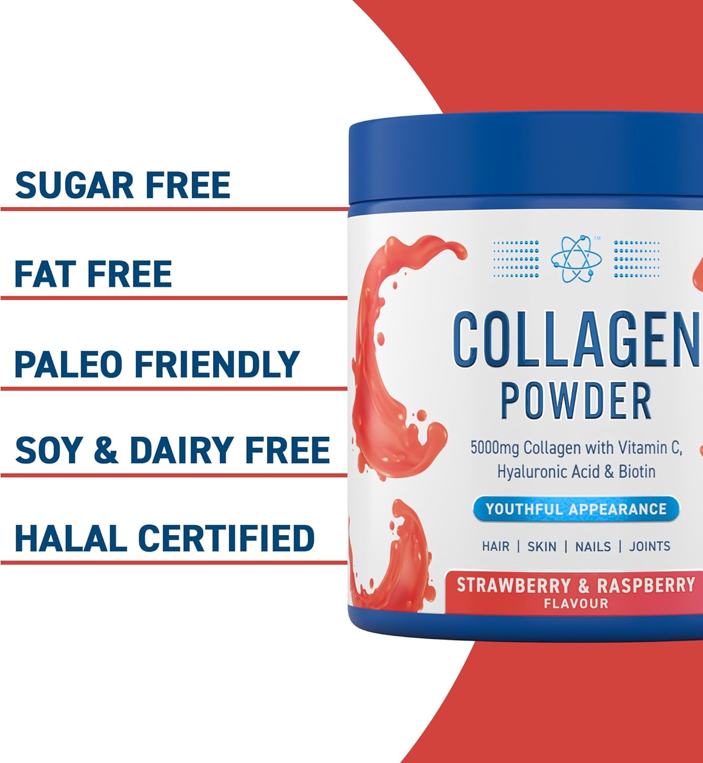 Applied Nutrition Collagen Powder - Strawberry & Raspberry Flavour - 5000mg Hydrolysed Bovine Flavoured Collagen Peptides with Vitamin C, Hyaluronic Acid & Biotin (165g - 30 Servings) : Amazon.co.uk: Health & Personal Care