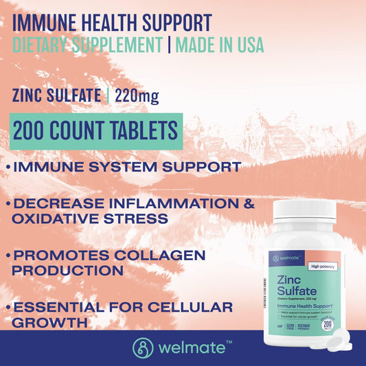 Welmate Zinc Sulfate 220Mg | Dietary Supplement | Immune Health Support | 200 Count Tablets