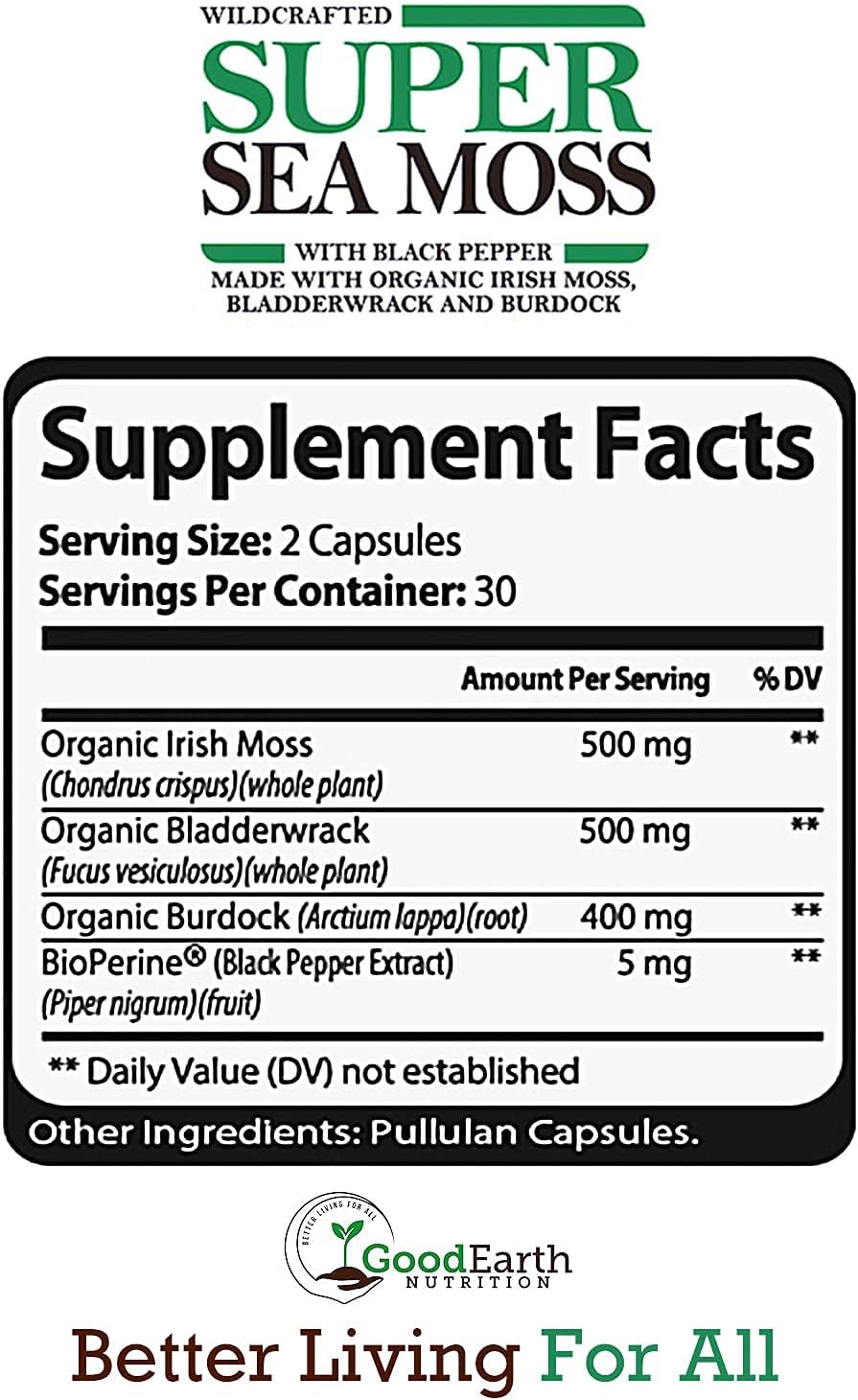 Vegan Organic Irish Sea Moss Capsules - Bladderwrack & Burdock Root Supplement - Raw & Wildcrafted Super Seamoss - Immune Support - Aids Healthy Thyroid & Skin - Helps Detoxification : Health & Household