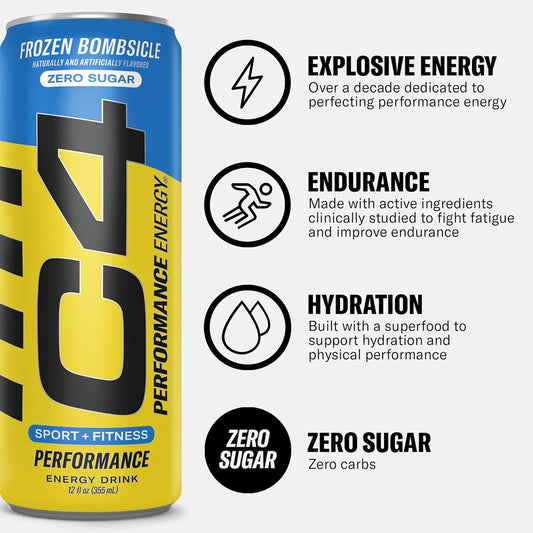 C4 Performance Energy Drink | Zero Sugar Carbonated Preworkout Energy | 150Mg Caffeine With Beta Alanine | Frozen Bombsicle | 12 Fl Oz (24 Pack)