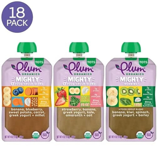 Plum Organics Mighty 4 And Mighty Morning Organic Toddler Food - 4 Food Group Blend Variety Pack - 4 Oz Pouch (Pack Of 18) - Organic Fruit And Vegetable Toddler Food Pouch