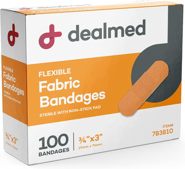 Dealmed Fabric Flexible Adhesive Bandages – 100 Count (1 Pack) Bandages With Non-Stick Pad, Latex Free, Wound Care For First Aid Kit, 3" X 3/4"