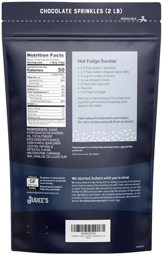 Judee's Chocolate Sprinkles 2 lb - Gluten-Free and Nut-Free - Brighten Up Your Baked Goods - Great for Cookie and Cake Decoration - Use for Baking and as Dessert and Ice Cream Toppings